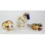 Royal Crown Derby, Ram with gold button, boxed, Woodland Pheasant with gold button,