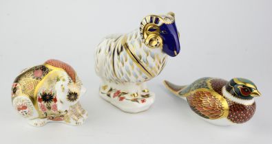 Royal Crown Derby, Ram with gold button, boxed, Woodland Pheasant with gold button,