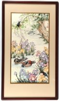 A Chinese picture of two Mandarin ducks swimming beside aquatic flowers, framed and glazed; overall