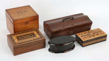 Victorian Tunbridge ware whist box, 13cm wide, together with a square beech and penwork tea caddy,