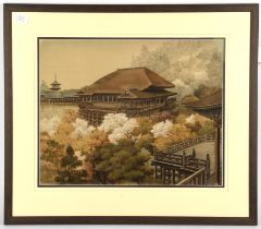 An elegant Yuzen Birodo textile picture of the Kiyomizu-Dera, located in the eastern Higashiyama