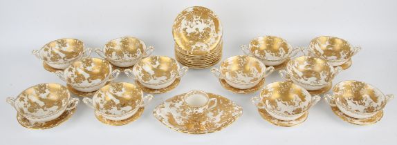 A Royal Crown Derby Golden Aves part coffee and dinner service, to comprise twelve soup bowls,
