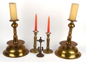 Pair of large brass pricket candlesticks, H 34cm and a pair of 19th century continental brass