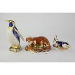 Royal Crown Derby, Otter with gold stopper, boxed, Emperor Penguin with gold stopper,