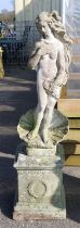 Reconstituted stone sculpture of Botticelli's Birth of Venus, on a square plinth,