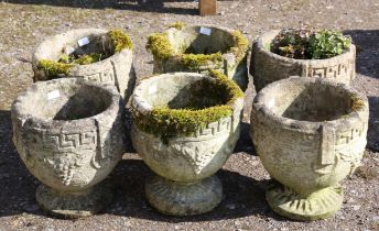 Six reconstituted stone planters, each with moulded Greek key bands to rims and ring handles,