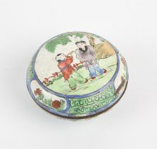 A small Canton Enamel style, circular box and cover, decorated on the cover with two Manchu/Chinese