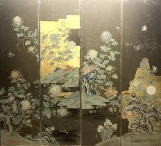 Four Japanese taste panels of flowers, birds and rockwork, late 19th century, painted on canvas,