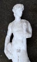 A white painted reconstituted stone sculpture of David, after Michelangelo, the man 117cm high,