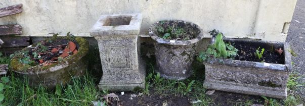 Three reconstituted stone garden items, to comprise a trough 20cm high x 45cm wide x 27cm deep,
