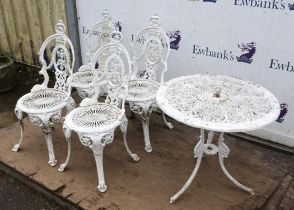 Victorian style white painted aluminium circular table, decorated with pierced foliate designs,