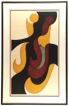 An abstract print of curvilinear designs in yellow, black and mottled grey by Amano Kazumi; framed