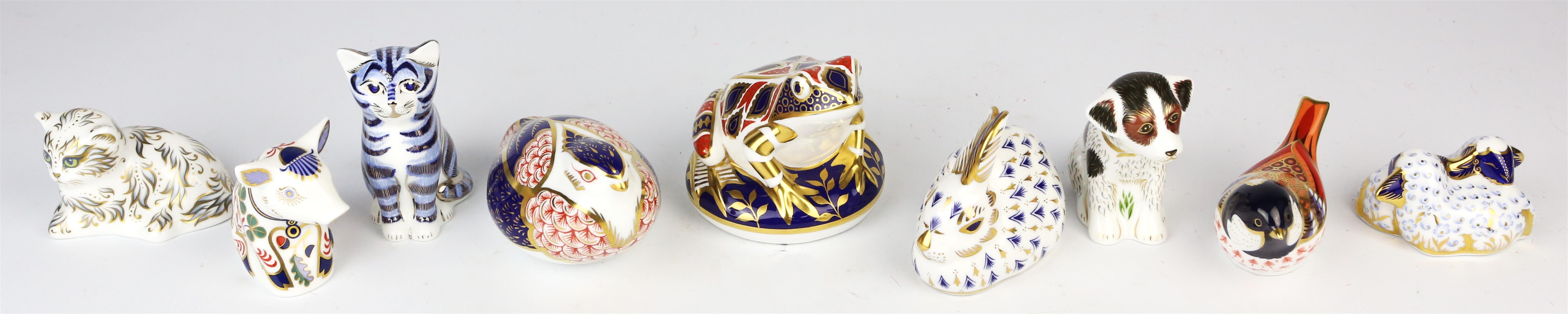 Royal Crown Derby, Coal Tit, gold stopper, in box, Frog, gold stopper, in box, Sitting Piglet,