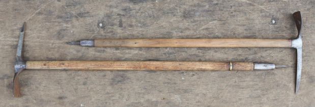 Swiss alpenstock/ice axes, stamped Antonio Carrel, with indistinct makers marks for Zermatt,