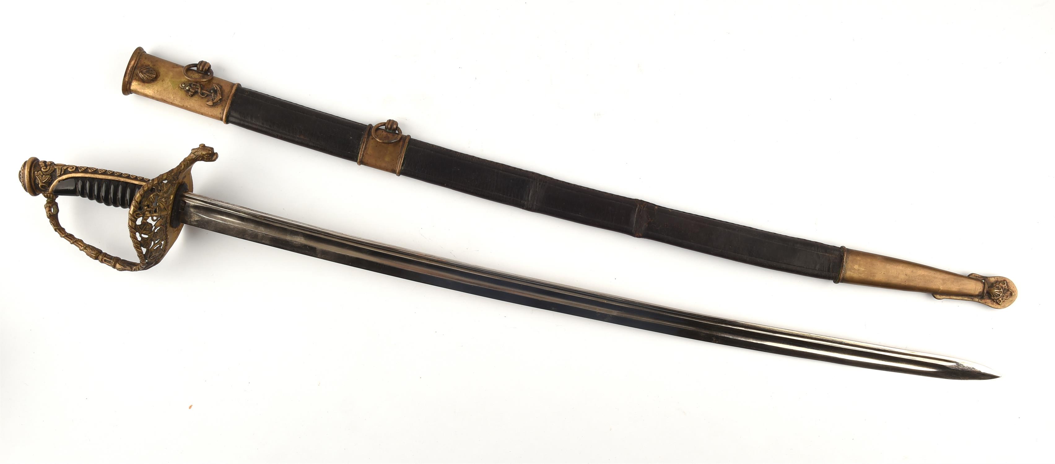 A 19th century French Naval officers sword with slightly curved steel blade (70cm), - Image 2 of 4