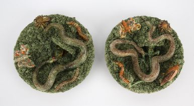 Pair of Palissy style majolica plates by Jose A. Gunha, decorated with snakes and lizards and