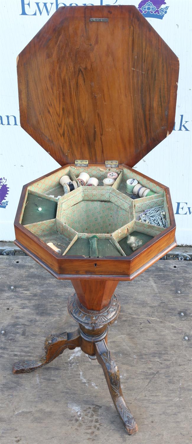 Victorian walnut sewing table, with an octagonal top, inlaid with a chessboard, on facetted column, - Image 4 of 4