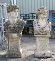 Pair of busts of David, after Michelangelo, and a lady, on square plinths, the busts 55cm high,