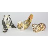 Royal Crown Derby, a Partridge with gold button, boxed, Midnight Panda, boxed and a Contented Cat