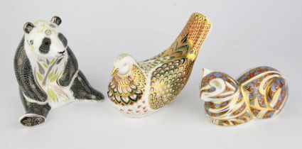 Royal Crown Derby, a Partridge with gold button, boxed, Midnight Panda, boxed and a Contented Cat