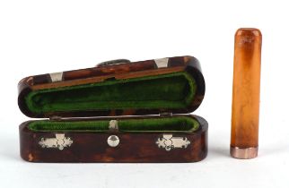 A late 19th century Tortoise shell and silver mounted cheroot case in the form of a violin case,
