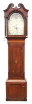 Oak and mahogany long case clock, late 18th/early 19th Century, the hood with swan neck cresting,
