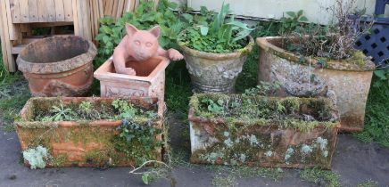 Pair of terracotta rectangular troughs, 19cm high x 52cm wide x 20cm deep, together with other