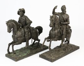 Two French bronze equestrian figures, possibly Henri VI and Francois I, 19th Century,