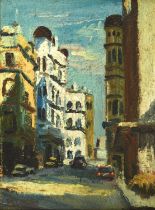 Hong Kong, 20th Century School, oil on board, a Hong Kong Street thought to be a location in the