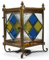 Victorian brass and stained glass lantern, 33.5cm high