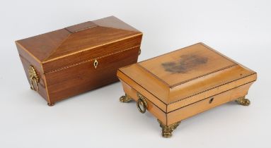 George III low sarcophagus workbox, with gilt metal ring handles and paw feet, the interior with