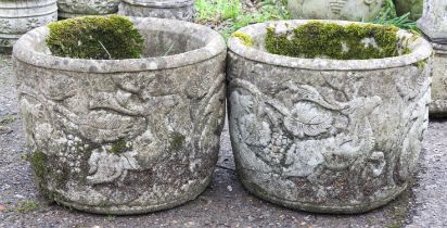 Pair of reconstituted stone planters, decorated with leaves and deer, 30cm high x 39cm diameter (2)