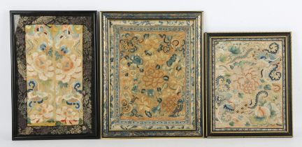 Chinese rectangular panel, late 19th Century, embroidered with bats and flowers, on cream silk,