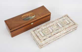 A Jerusalem ware mother of pearl rectangular box, 20th century, with pierced panels of a bird and