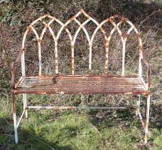 Gothic taste iron and white painted garden bench, 98cm high x 104cm wide x 44cm deep