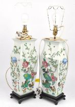 A Pair of famille rose lamps, post Qing Dynasty. Each one formed as a vase, decorated with roosters