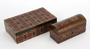 Tunbridge ware box, 19th Century, veneered with geometric designs, bearing a label to the base,