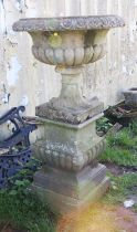 Reconstituted stone garden urn, with lobed rim and body, on a stiff leaf pedestal base,