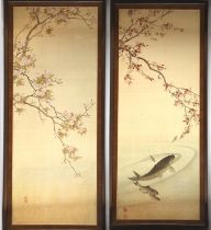 Japanese School: Three pictures, all pigment on textile, comprising: one depicting three swimming