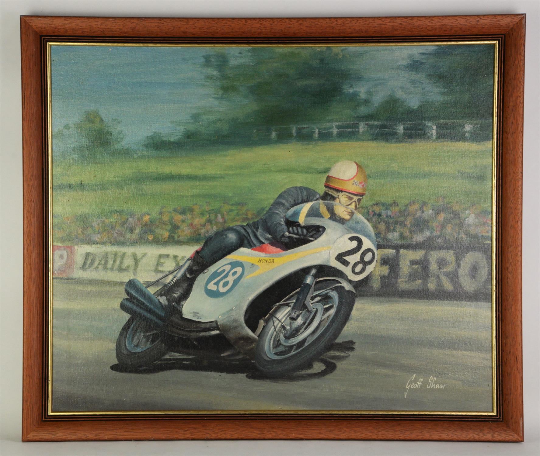 Geoff Shaw, Pair of Motor Cycling oils on board, signed, 50 x 60cm. Please note this lot has the - Image 2 of 2