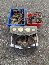 MG vintage parts - To include three boxes of various MG parts, Steering wheel, manifold and
