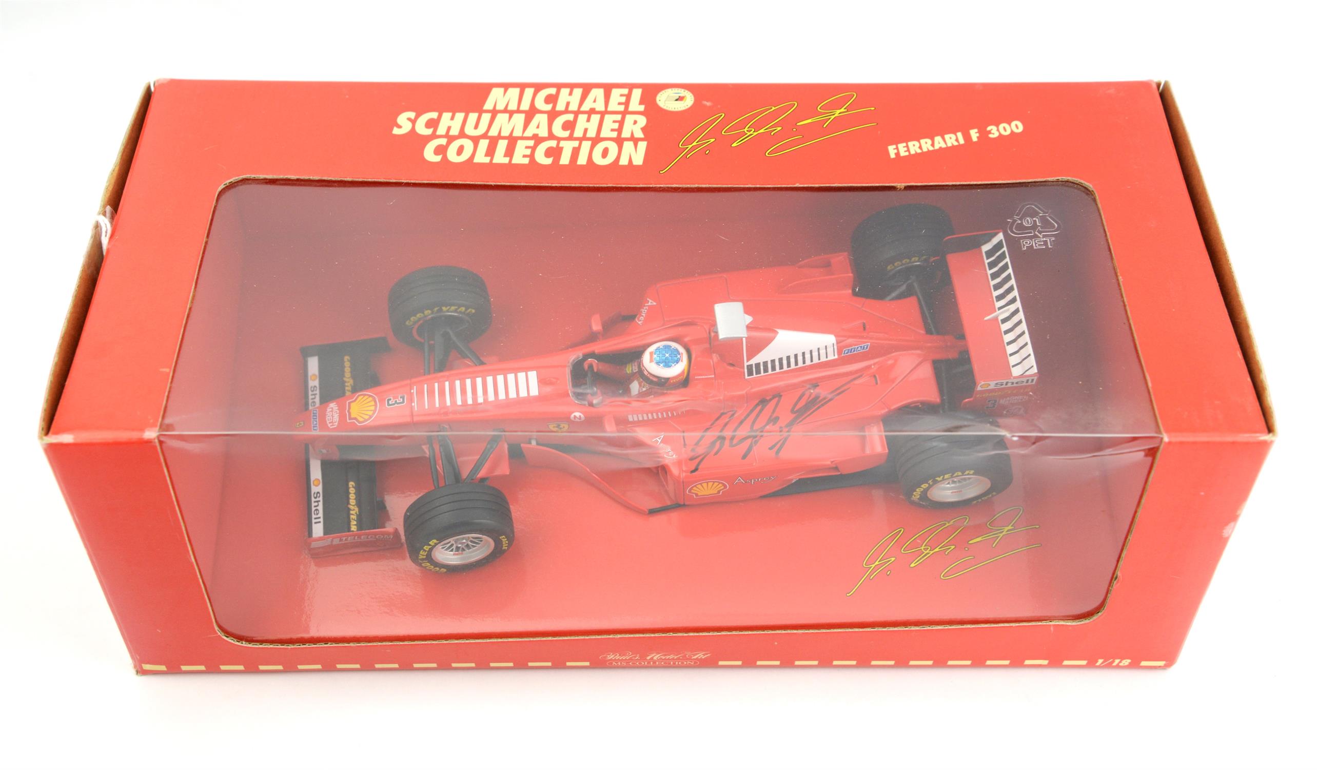 Michael Schumacher - Signed Ferrari F 300 F1 model from the MS Collection, 1:18 Scale, Boxed.