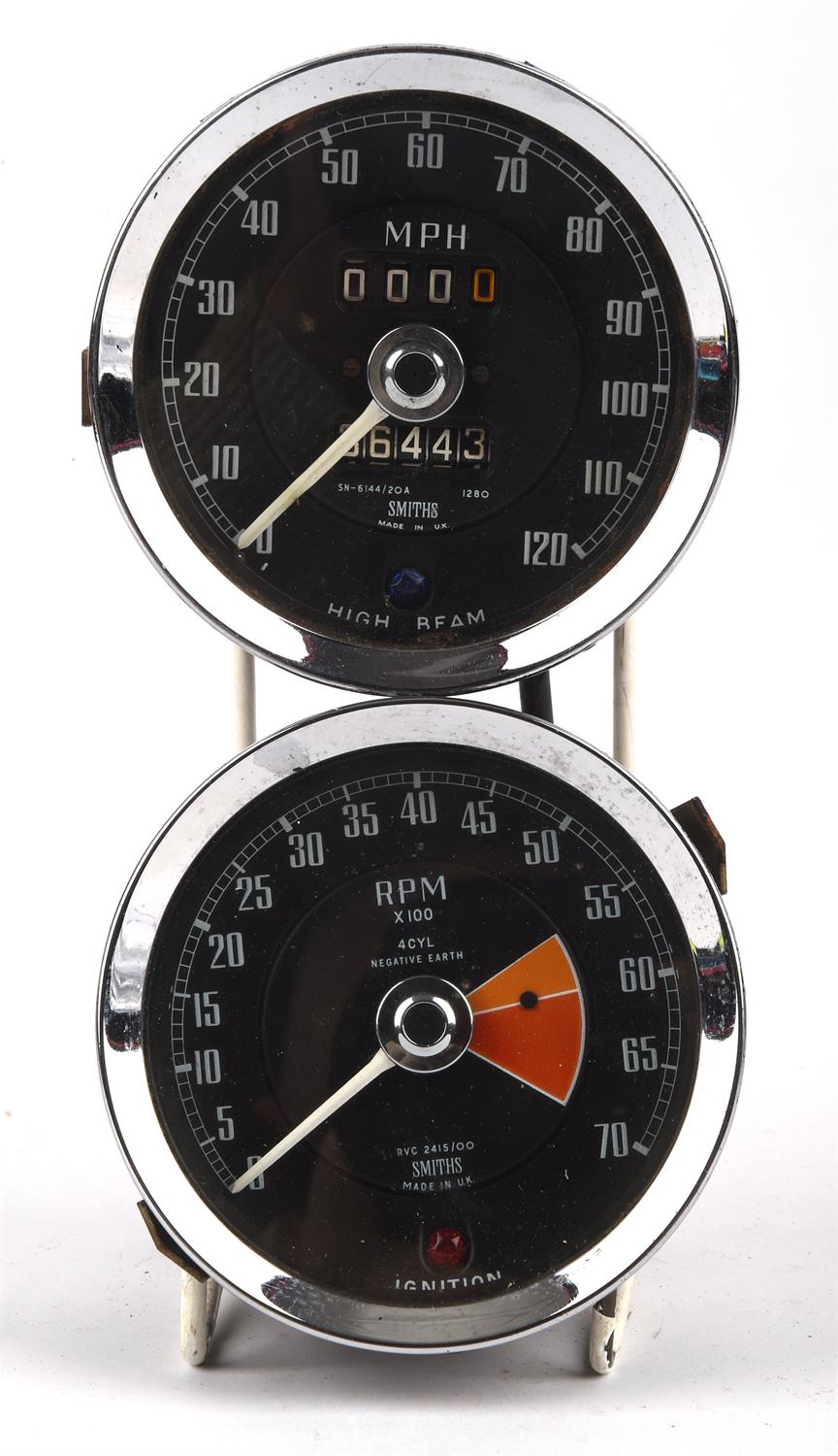 Two Vintage Smiths Gauges - 120mph Speedometer SN-6144/20A 1280 displaying 36,443 miles along with