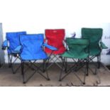 Five foldaway Camping chairs, blue, green, red. Please note this lot has the standard Ewbank's