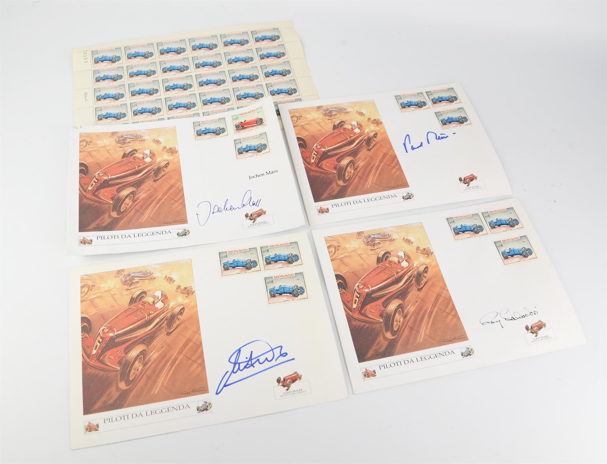 Geo Ham - Set of Four illustrated envelopes with original 1966 Monaco GP stamps signed by Roy