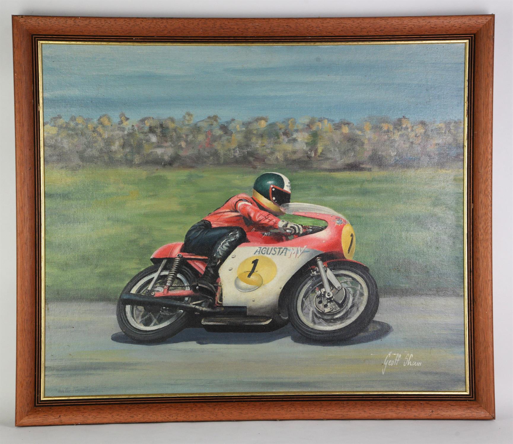 Geoff Shaw, Pair of Motor Cycling oils on board, signed, 50 x 60cm. Please note this lot has the