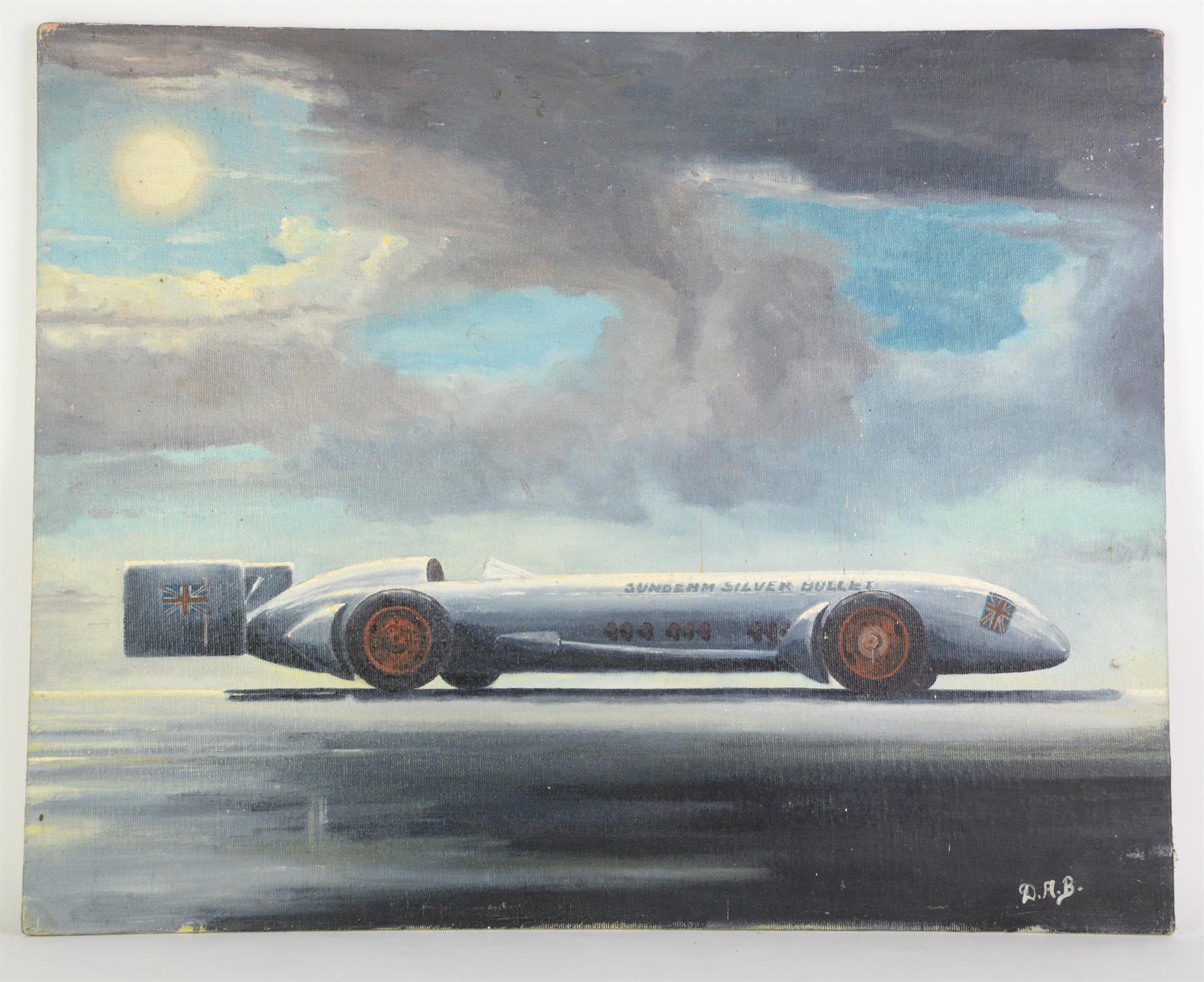 Dereck Anthony Brooks, Malcolm Campbell, 1935 Bluebird at Daytona beach, oil on board 15 x 25cm - Image 2 of 2