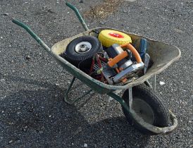 Wheel barrow plus some tools inside. Please note this lot has the standard Ewbank's standard