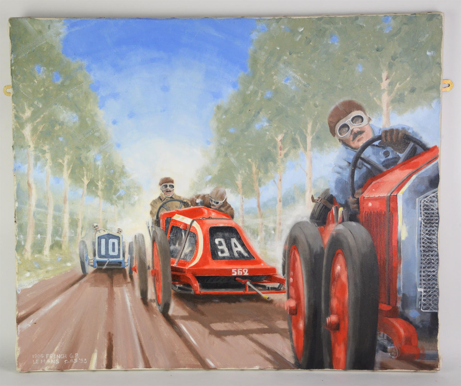 Dereck Anthony Brooks, 1906 French G.P Le Mans, oil on canvas, unframed, signed and dated 93,