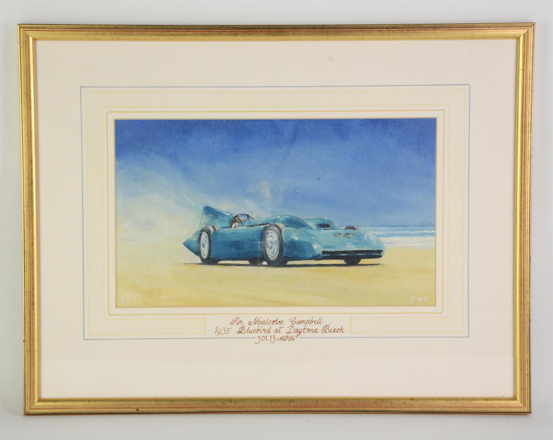 Dereck Anthony Brooks, Malcolm Campbell, 1935 Bluebird at Daytona beach, oil on board 15 x 25cm